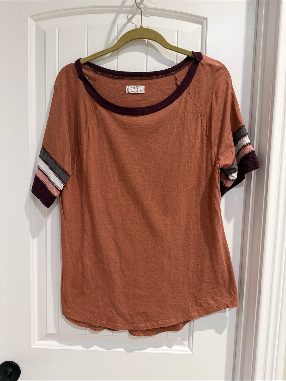 Adri & Annie Rust Short Sleeve Tee with Striped Sleeve Detail